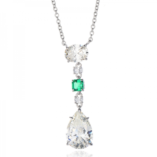 Pear Shape Diamond G Cubic Zircon And Asscher Green Nano Rhodium Silver Necklace 
