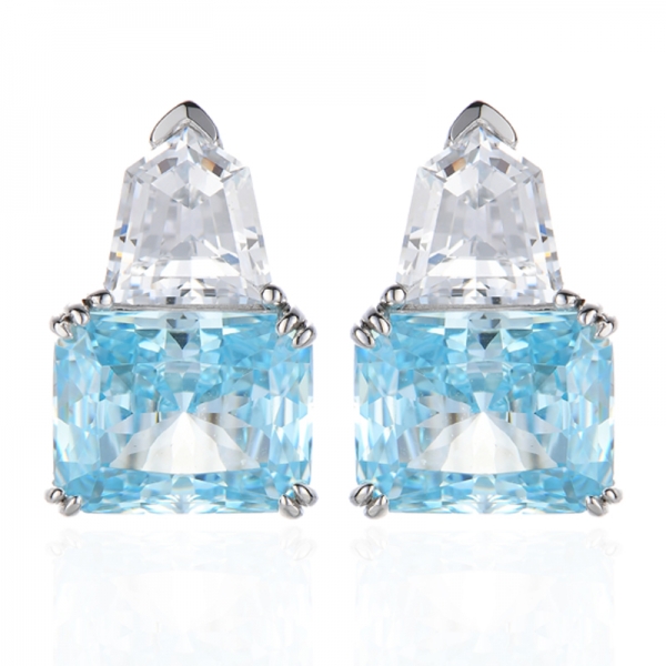 Emerald Cut Aquamarine Nano And Shield Shaped White Cubic Zircon Rhodium Silver Earring 