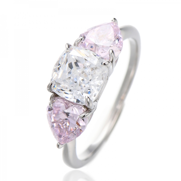 Heart Shape Diamond Pink And Cushion White Cubic Zircon Rhodium Silver Ring 