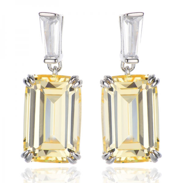 Emerald Cut Diamond Yellow And Tapered White Cubic Zircon Rhodium Silver Earring 