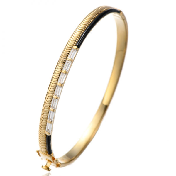 Baguette Rainbow Cubic Zircon Silver Bangle With Gold Plating 