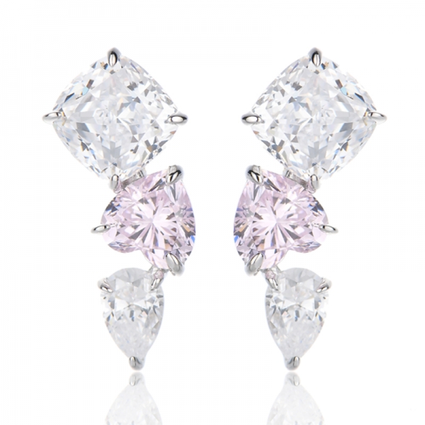 Heart Shape Diamond Pink And Cushion White Cubic Zircon Rhodium Plating Silver Earring 