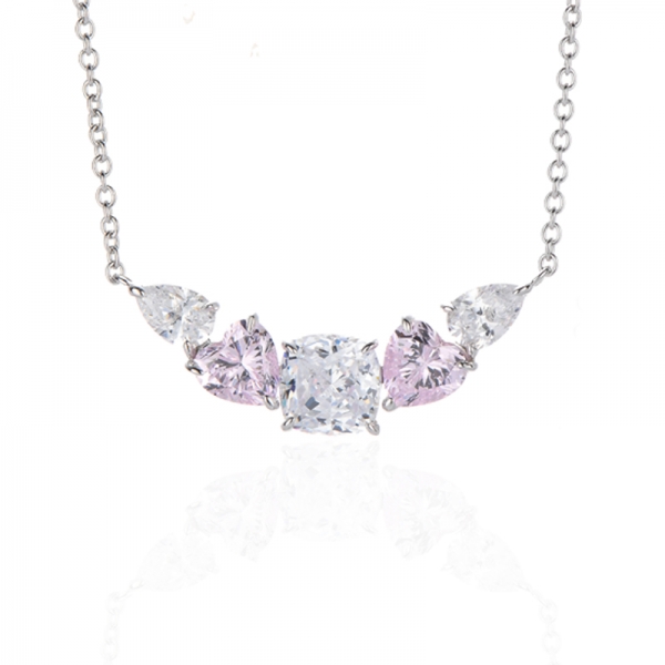Heart Shape Diamond Pink And Cushion White Cubic Zircon Rhodium Silver Necklace 