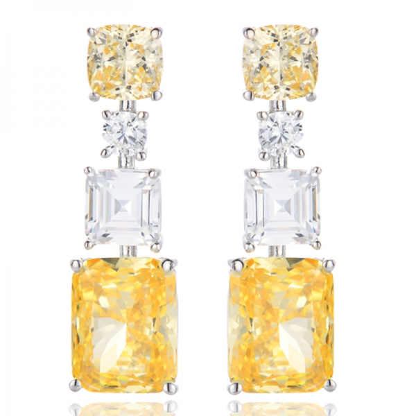 Octagon And Cushion Diamond Yellow Cubic Zircon Rhodium Silver Earring 
