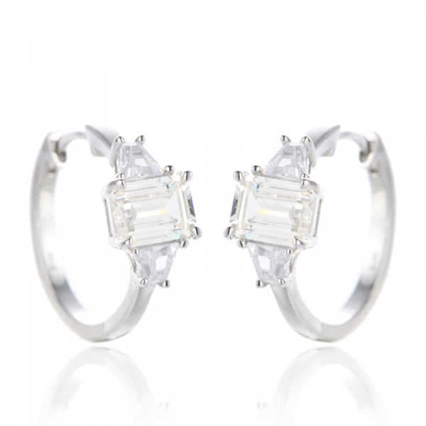 Emerald Cut Diamond G And Boat Shaped White Cubic Zircon Rhodium Silver Earring 