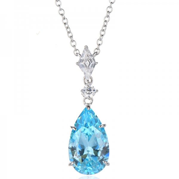 Pear Shape Aquamarine Nano And Rhomb White Cubic Zircon Rhodium Silver Necklace 