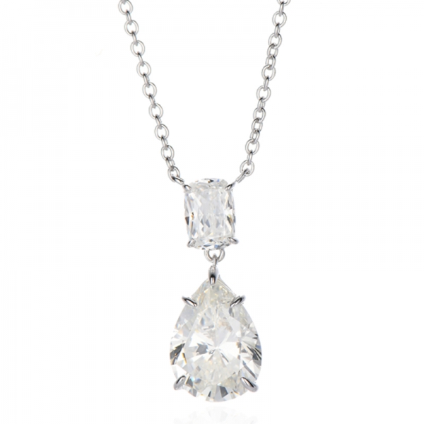 Pear Shape Diamond G And Cushion White Cubic Zircon Rhodium Silver Necklace 