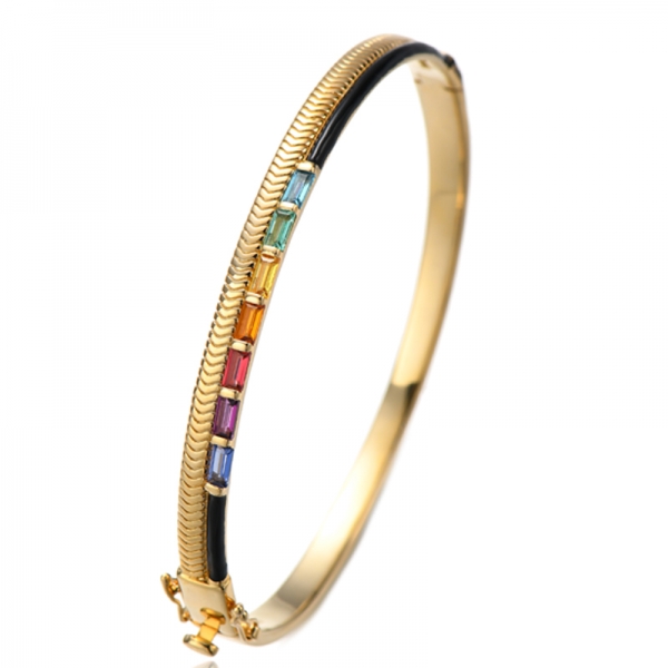 Baguette Rainbow Cubic Zircon Silver Bangle With Gold Plating 