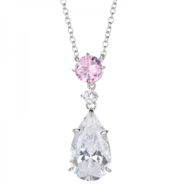 Round Pink And Pear Shape White Cubic Zircon Rhodium Silver Necklace 