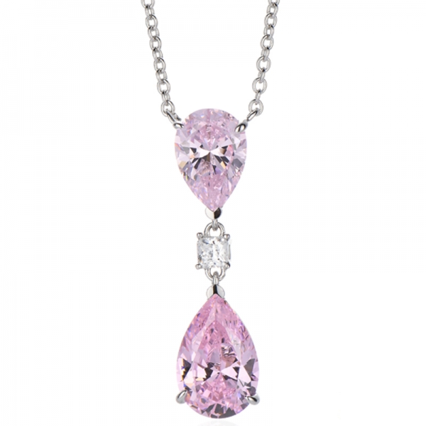Pear Shape Diamond G And Octagon Orange Cubic Zircon Rhodium Silver Necklace 