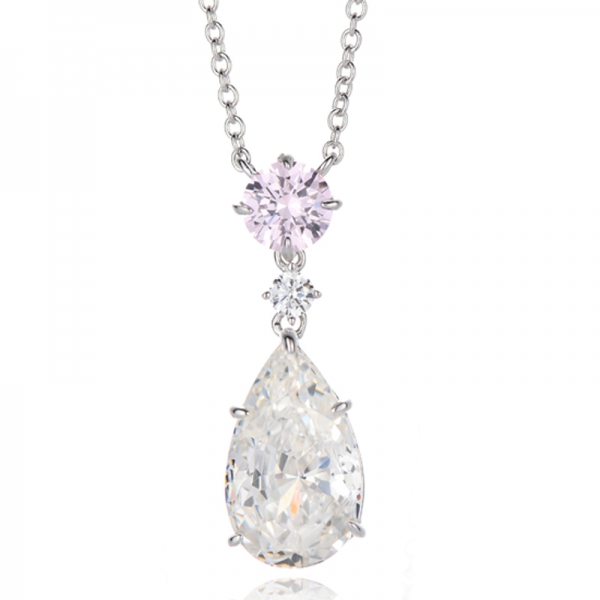 Round Pink And Pear Shape White Cubic Zircon Rhodium Silver Necklace 