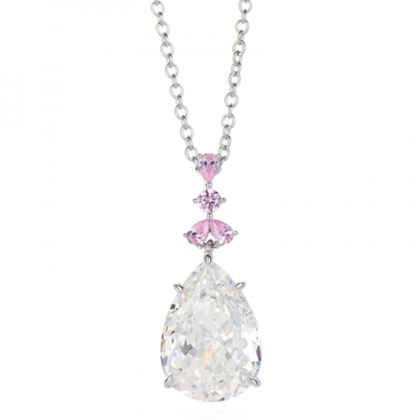 Pear Shape Diamond Blue And White Cubic Zircon Rhodium Silver Necklace 