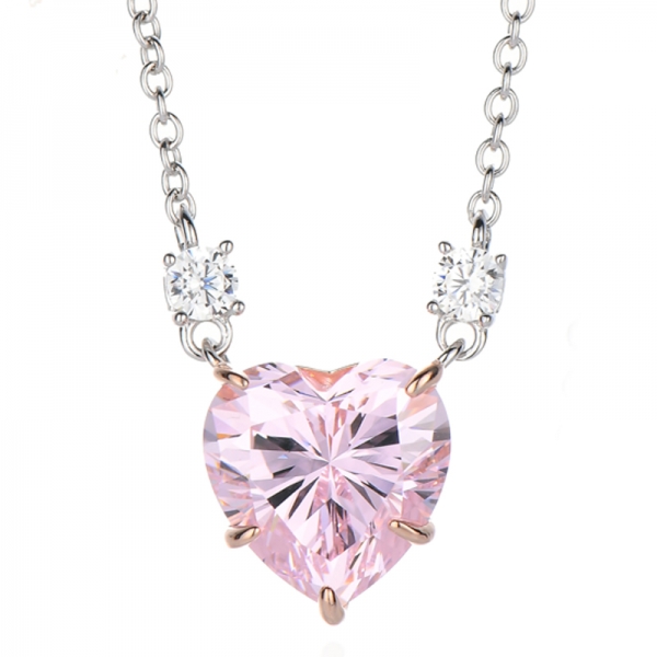 Heart Shape Diamond Pink And Round White Cubic Zircon Silver Necklace With Two Tones Plating 