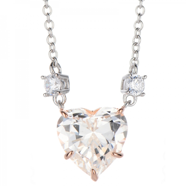 Heart Shape Diamond Pink And Round White Cubic Zircon Silver Necklace With Two Tones Plating 