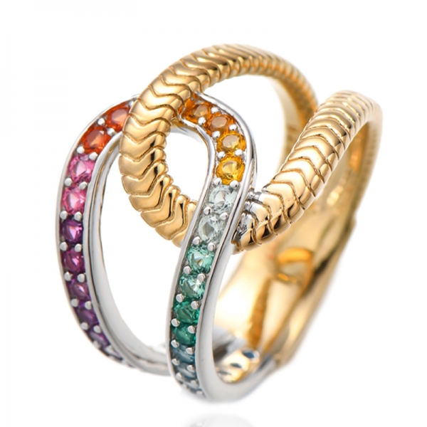 Round Rainbow Cubic Zircon Silver Ring With Two Tones Plating 