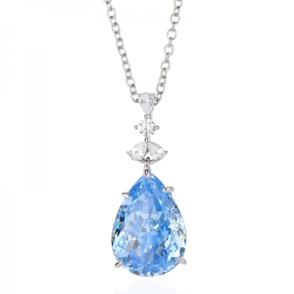 Pear Shape Diamond Blue And White Cubic Zircon Rhodium Silver Necklace 