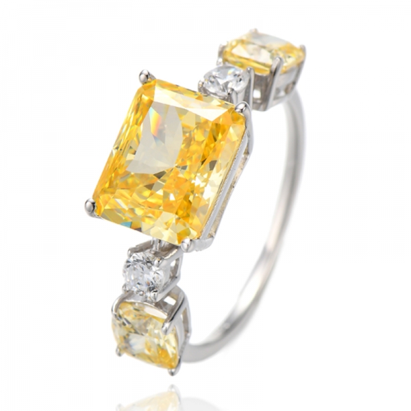 Octagon And Cushion Diamond Yellow Cubic Zircon Rhodium Silver Ring 