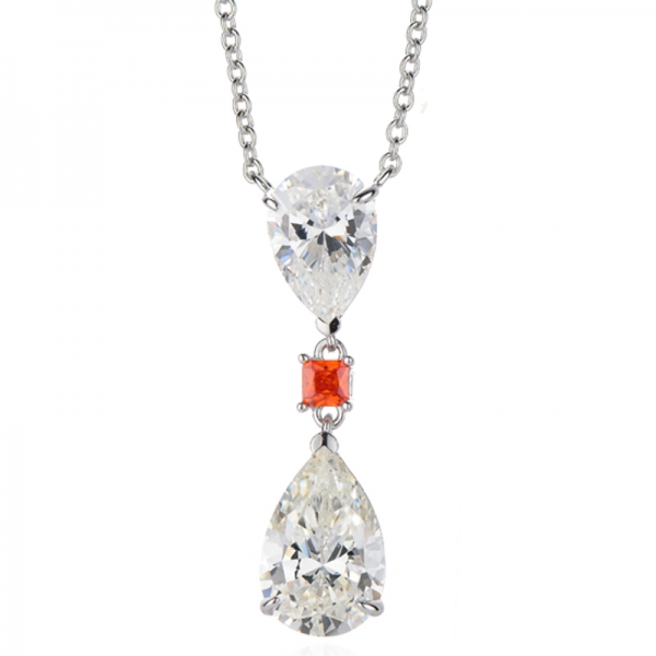 Pear Shape Diamond G And Octagon Orange Cubic Zircon Rhodium Silver Necklace 