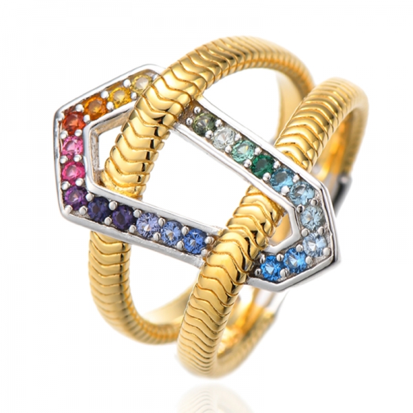 925 Round Rainbow Cubic Zircon Silver Ring With Two Tones Plating 