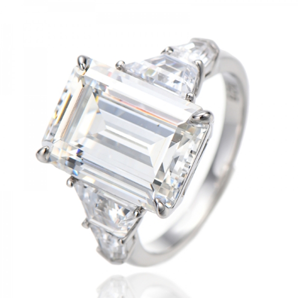 Emerald Cut Diamond Yellow And Boat Shape White Cubic Zircon Rhodium Silver Ring 