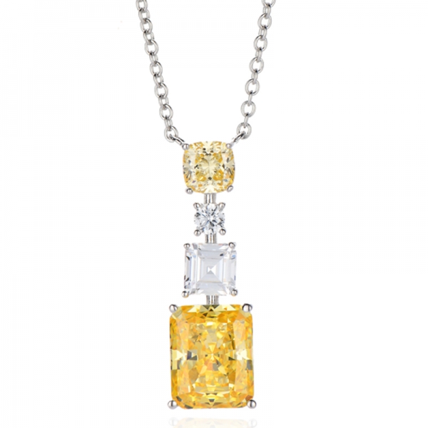 Octagon And Cushion Diamond Yellow Cubic Zircon Rhodium Silver Necklace 