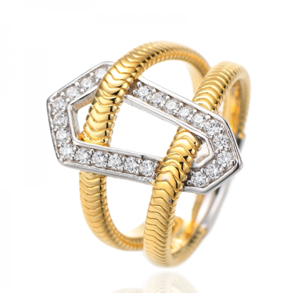 925 Round Rainbow Cubic Zircon Silver Ring With Two Tones Plating 