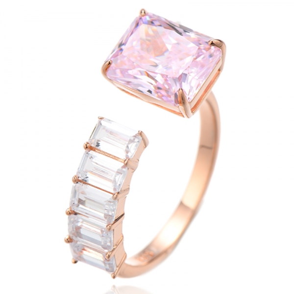 Emerald Cut Morganite Nano And White Cubic Zircon Silver Ring With Rose Gold Plating 