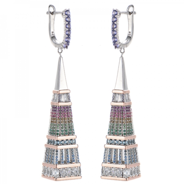 Round Rainbow And Oval Shape White Cubic Zircon Silver Earring With Two Tones Plating 