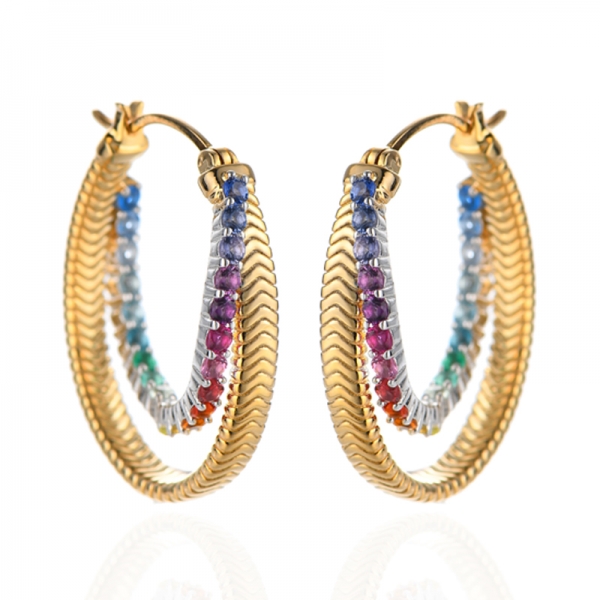 925 Round Rainbow Cubic Zircon Silver Earring With Two Tones Plating 