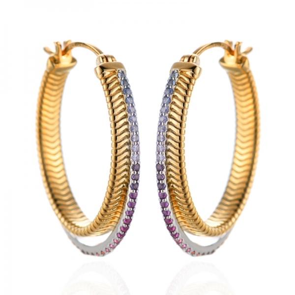 Round Rainbow Cubic Zircon Silver Earring With Two Tones Plating 