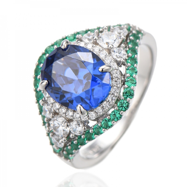 Oval Shape Tanzanite Cubic Zircon And Round Green Nano Rhodium Silver Ring 