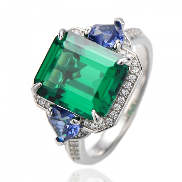 Emerald Cut Green Nano And Heart Shape Tanzanite Cubic Zircon Rhodium Silver Ring 