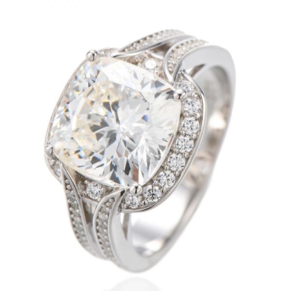 Cushion Diamond Yellow And Round White Cubic Zircon Rhodium Silver Ring 