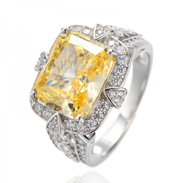 Emerald Cut Tanzanite And Round White Cubic Zircon Rhodium Plating Silver Ring 