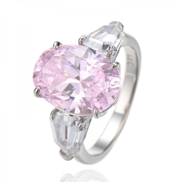 Oval Shape Diamond Pink And Heptagon White Cubic Zircon Rhodium Silver Ring 