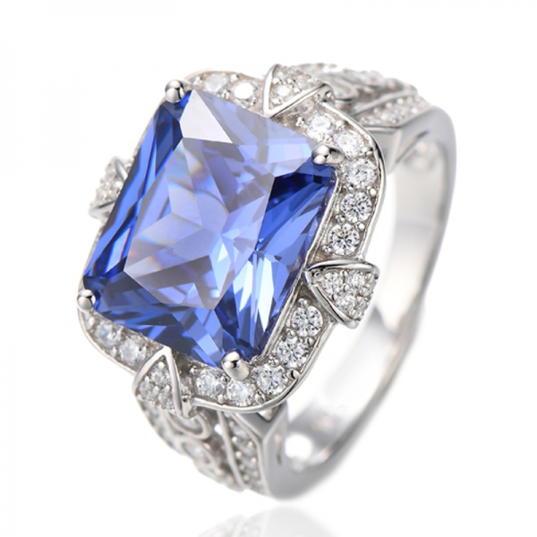 Emerald Cut Tanzanite And Round White Cubic Zircon Rhodium Plating Silver Ring 
