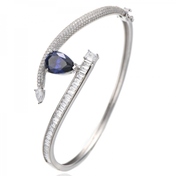 Pear Shape Ruby Corundum And Emerald Cut White Cubic Zircon Rhodium Silver Bangle 