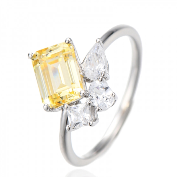 Emerald Cut Diamond Yellow And Pear Shape White Cubic Zircon Rhodium Silver Ring 