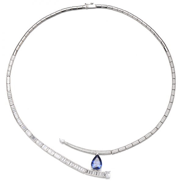 Pear Shape Ruby Corundum And Emerald Cut White Cubic Zircon Rhodium Silver Necklace 
