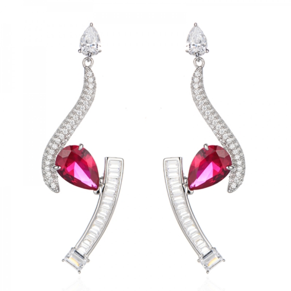 Pear Shape Tanzanite And Emerald Cut White Cubic Zircon Rhodium Silver Earring 