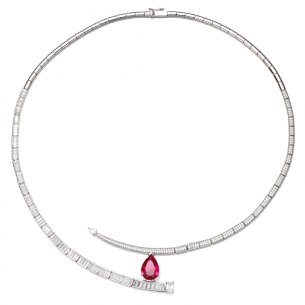 Pear Shape Ruby Corundum And Emerald Cut White Cubic Zircon Rhodium Silver Necklace 