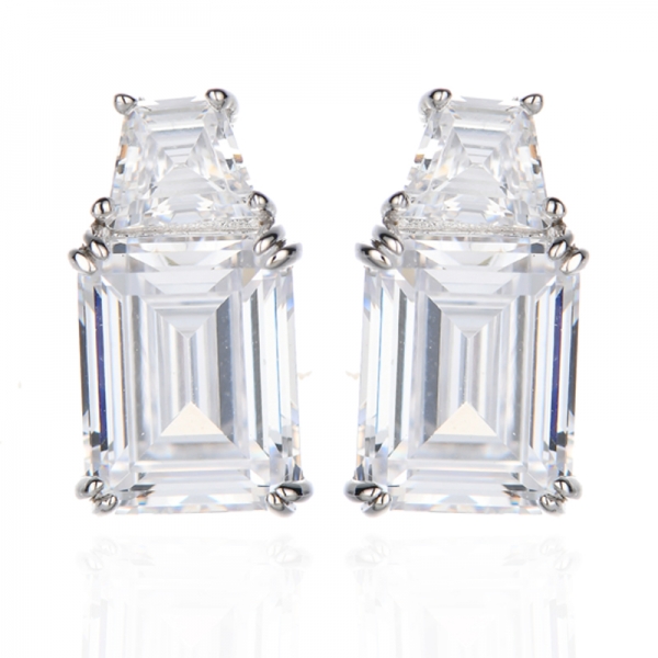 Emerald Cut And Boat Shape White Cubic Zircon Rhodium Silver Earring 