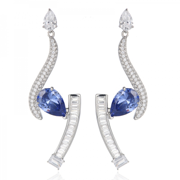 Pear Shape Tanzanite And Emerald Cut White Cubic Zircon Rhodium Silver Earring 