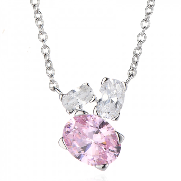Oval Shape Diamond Pink And White Cubic Zircon Rhodium Silver Necklace 