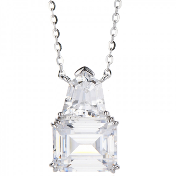 Emerald Cut And Shield Shape White Cubic Zircon Rhodium Silver Necklace 