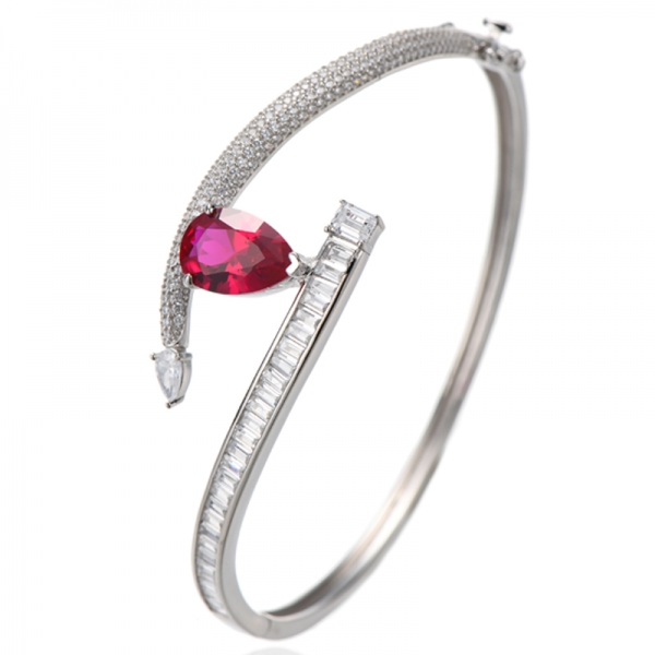 Pear Shape Ruby Corundum And Emerald Cut White Cubic Zircon Rhodium Silver Bangle 
