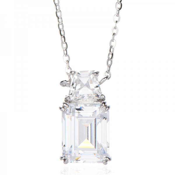 925 Emerald Cut And Boat Shape White Cubic Zircon Rhodium Silver Necklace 