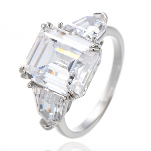 Emerald Cut And Shield White Cubic Zircon Rhodium Silver Ring 
