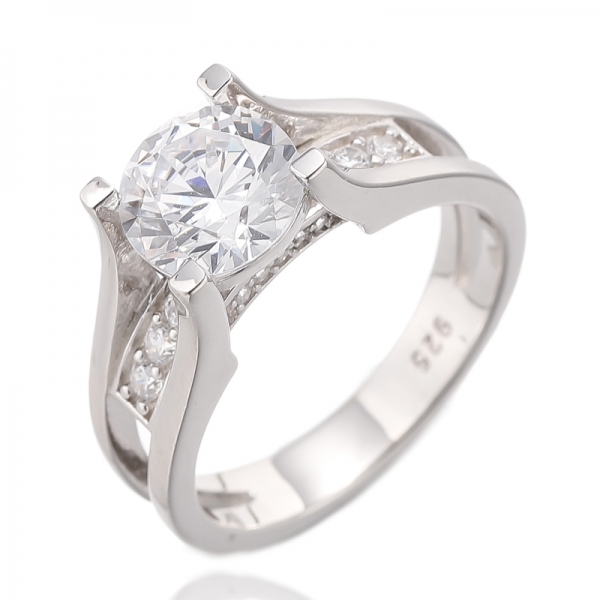 Round Blue Corundum And White Cubic Zircon Rhodium Silver Ring 