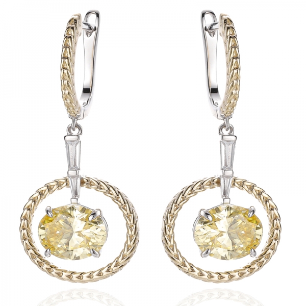 Oval Shape Diamond Yellow And Tapered White Cubic Zircon Silver Earring With Two Tones Plating 
